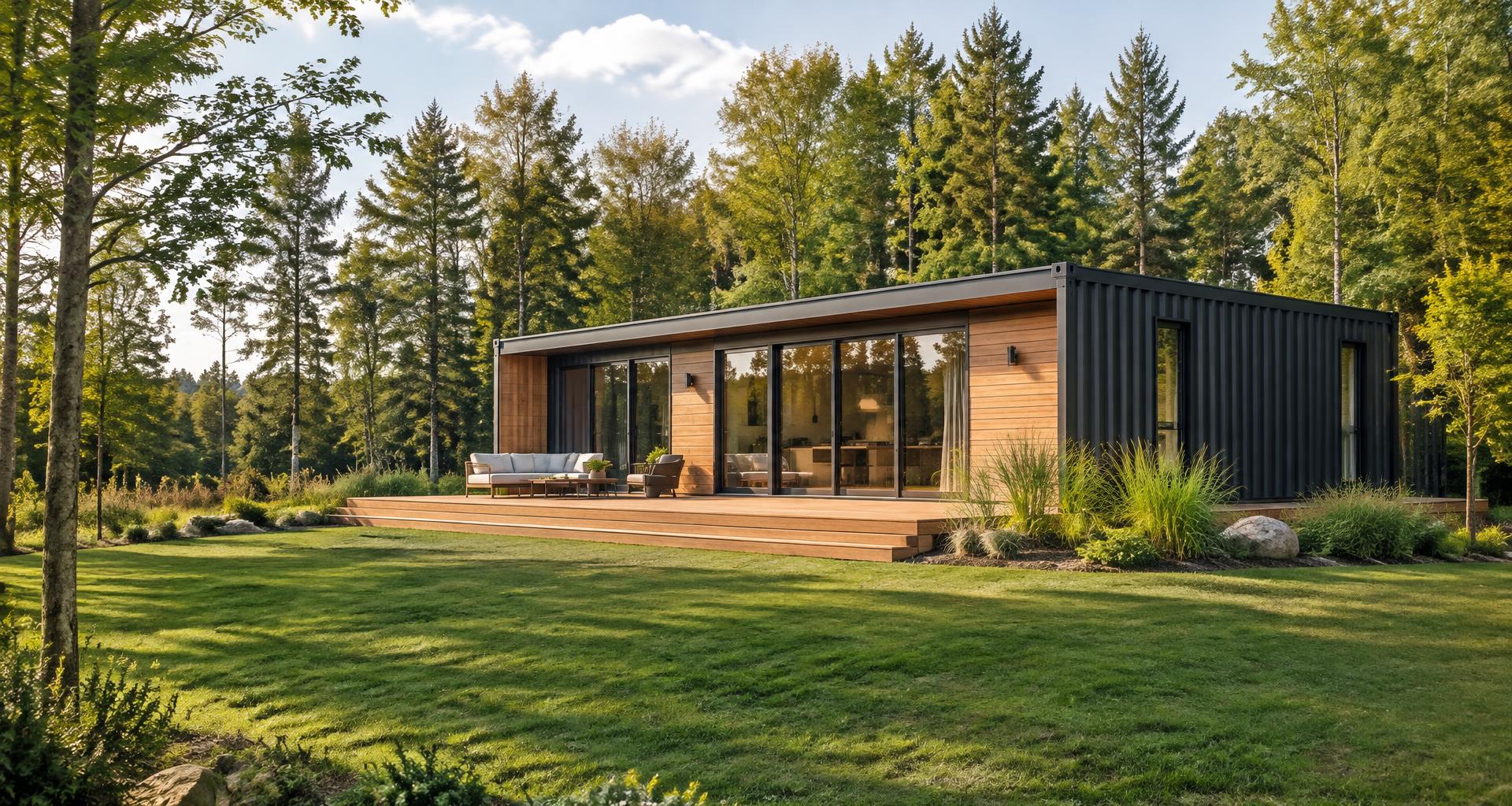 Modern charcoal container home with cedar siding and a spacious deck in a green woodland setting